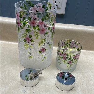 8 Inch Pink Floral Illuminated Crackle Glass Hurricane Set by Valerie NEW